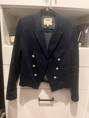 L'AGENCE Navy Double-Breasted Velvet Blazer